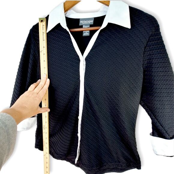 Notations Black & White Long Sleeve Blouse Top Contrast Lapel Collar Cuffs Sz M - Picture 7 of 9